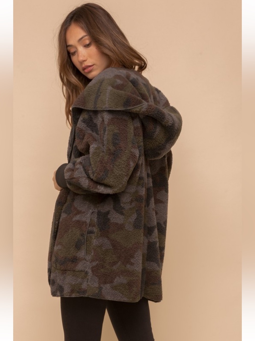 Cozy Camouflage Hooded Teddy Jacket - Olive/Gray